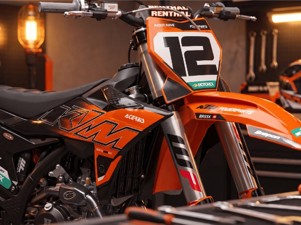 Aftermarket-equipped dirt bike in a workshop showroom